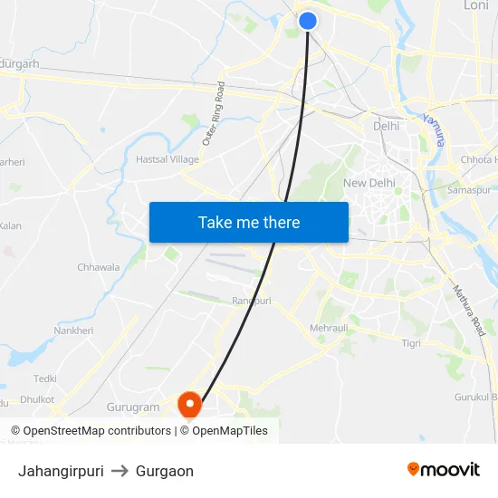 Jahangirpuri to Gurgaon map