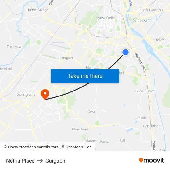 Nehru Place to Gurgaon map