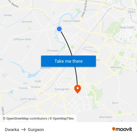 Dwarka to Gurgaon map
