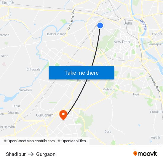 Shadipur to Gurgaon map