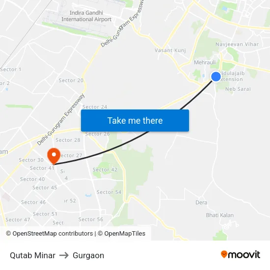 Qutab Minar to Gurgaon map