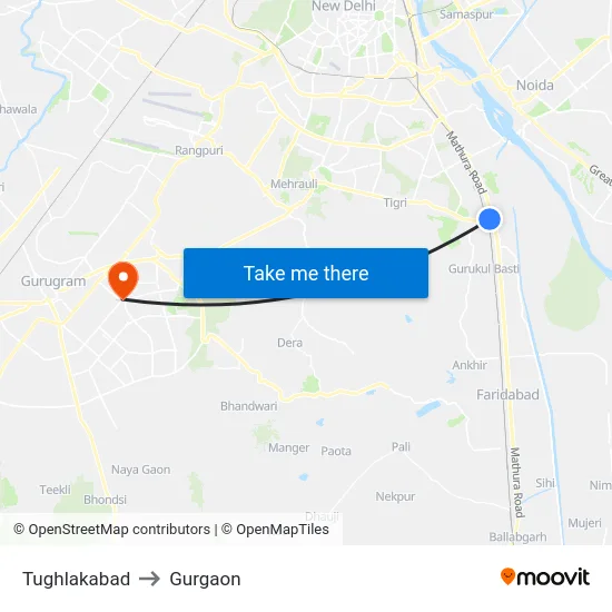 Tughlakabad to Gurgaon map