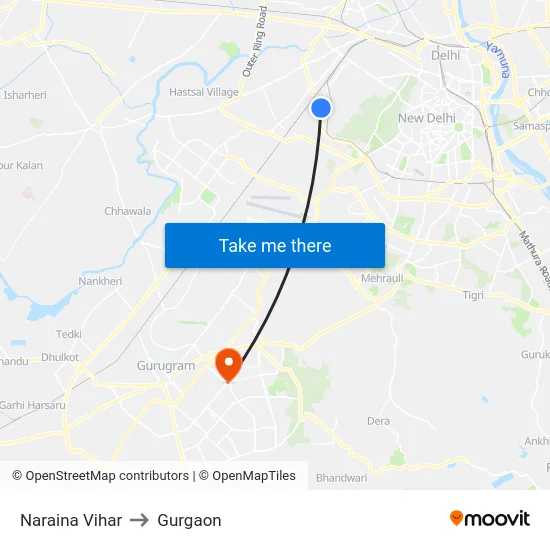 Naraina Vihar to Gurgaon map