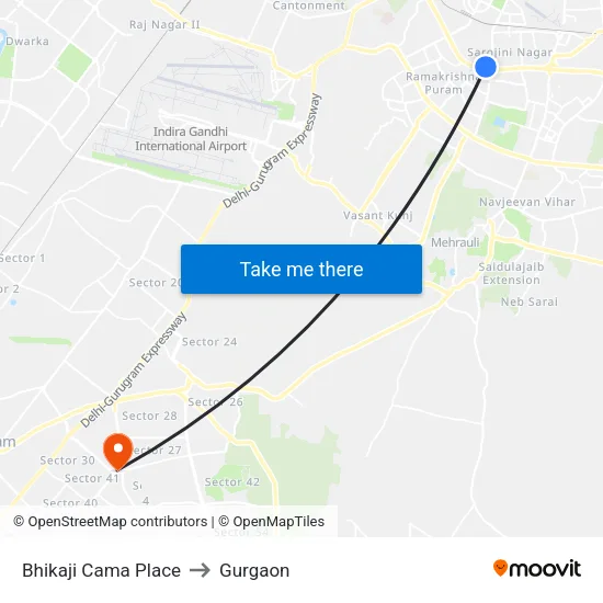 Bhikaji Cama Place to Gurgaon map
