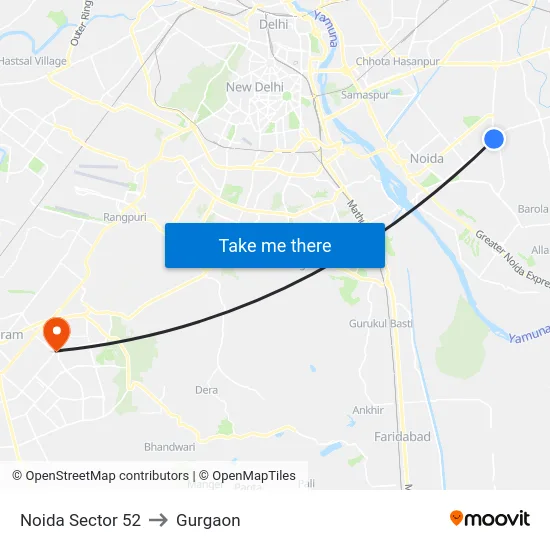 Noida Sector 52 to Gurgaon map