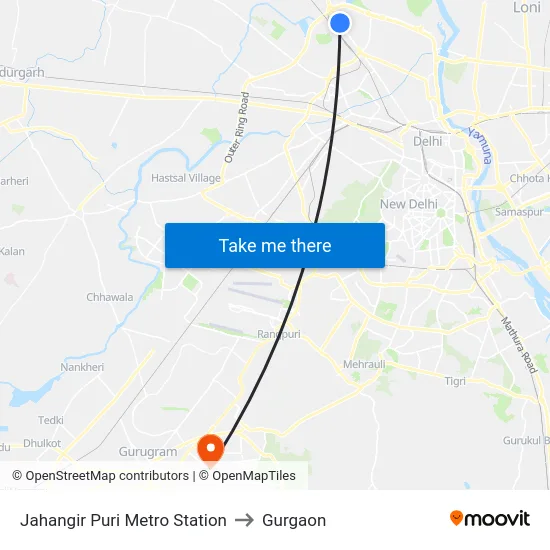 Jahangir Puri Metro Station to Gurgaon map