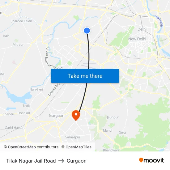 Tilak Nagar Jail Road to Gurgaon map