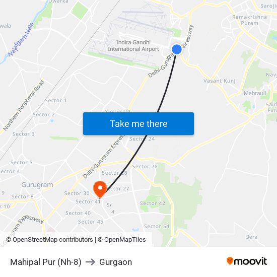 Mahipal Pur (Nh-8) to Gurgaon map