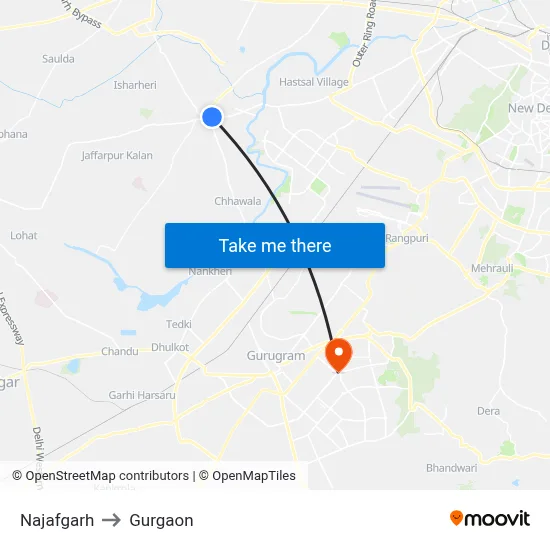 Najafgarh to Gurgaon map