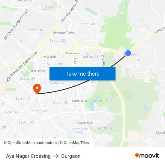 Aya Nagar Crossing to Gurgaon map