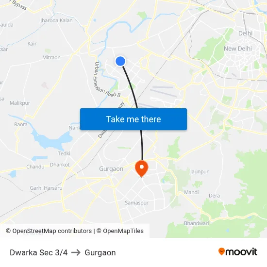 Dwarka Sec 3/4 to Gurgaon map