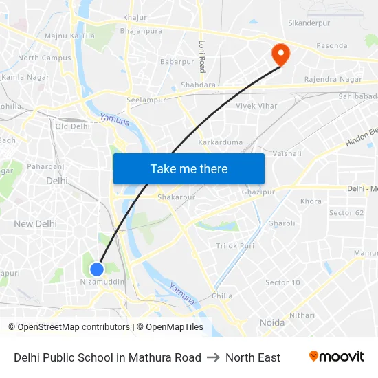 Delhi Public School in Mathura Road to North East map