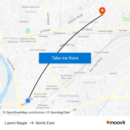 Laxmi Nagar to North East map