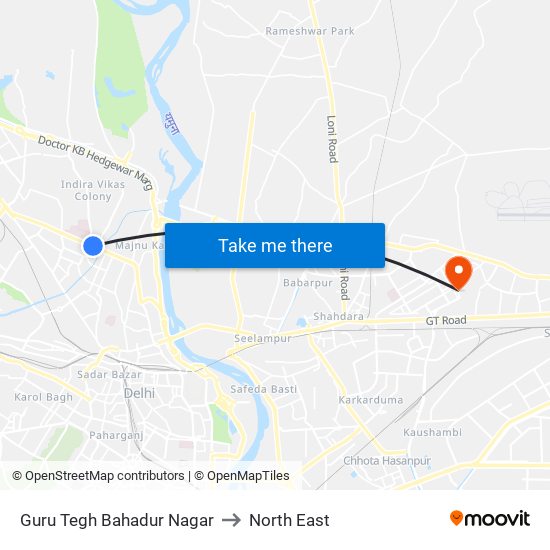 Guru Tegh Bahadur Nagar to North East map