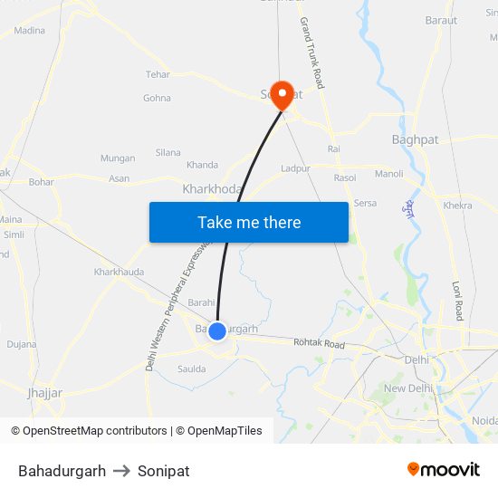 Bahadurgarh to Sonipat map