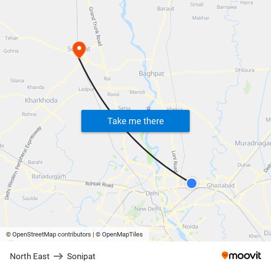 North East to Sonipat map