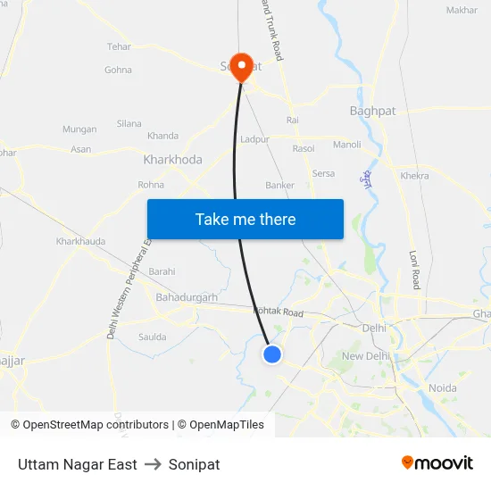 Uttam Nagar East to Sonipat map