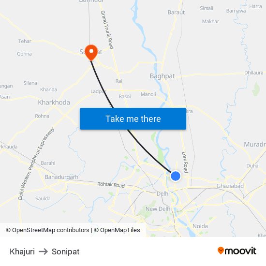 Khajuri to Sonipat map