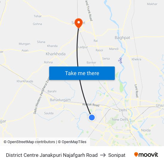 District Centre Janakpuri Najafgarh Road to Sonipat map