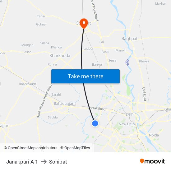 Janakpuri A 1 to Sonipat map