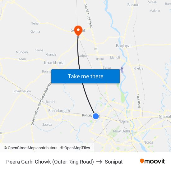 Peera Garhi Chowk (Outer Ring Road) to Sonipat map