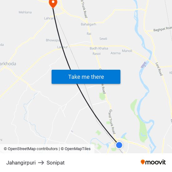 Jahangirpuri to Sonipat map