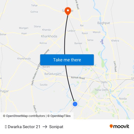 ✈ Dwarka Sector 21 to Sonipat map