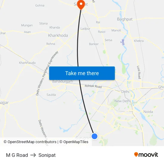 M G Road to Sonipat map