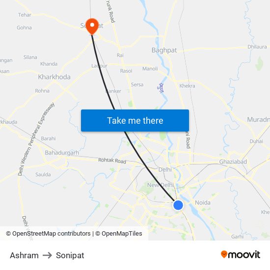 Ashram to Sonipat map