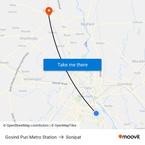 Govind Puri Metro Station to Sonipat map