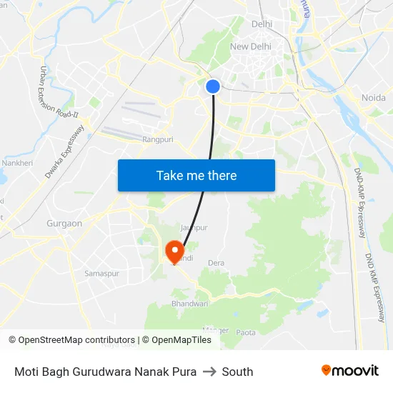 Moti Bagh Gurudwara Nanak Pura to South map