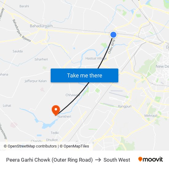 Peera Garhi Chowk (Outer Ring Road) to South West map