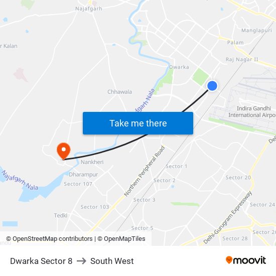 Dwarka Sector 8 to South West map