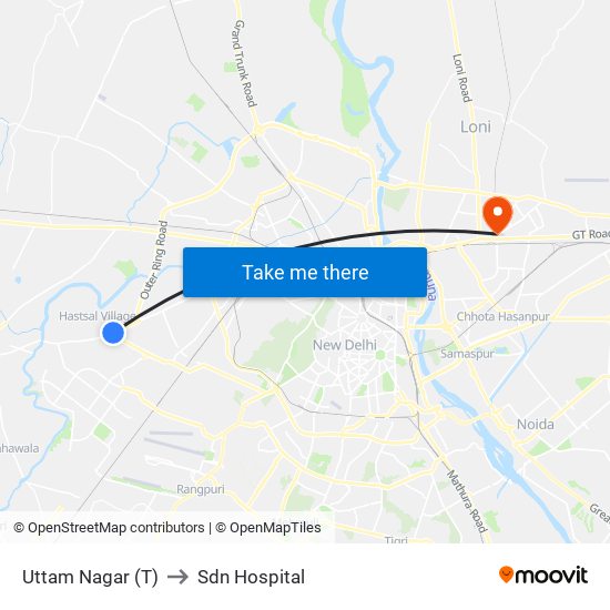 Uttam Nagar (T) to Sdn Hospital map