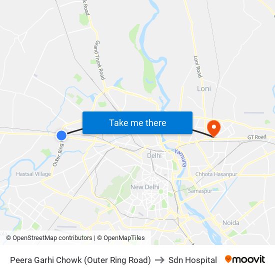Peera Garhi Chowk (Outer Ring Road) to Sdn Hospital map