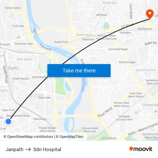 Janpath to Sdn Hospital map