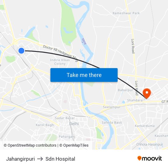 Jahangirpuri to Sdn Hospital map