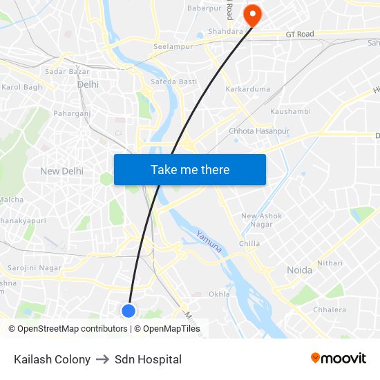 Kailash Colony to Sdn Hospital map