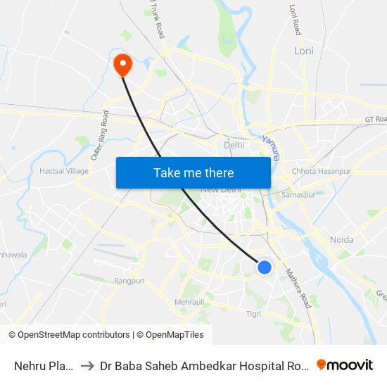 Nehru Place to Dr Baba Saheb Ambedkar Hospital Rohini map