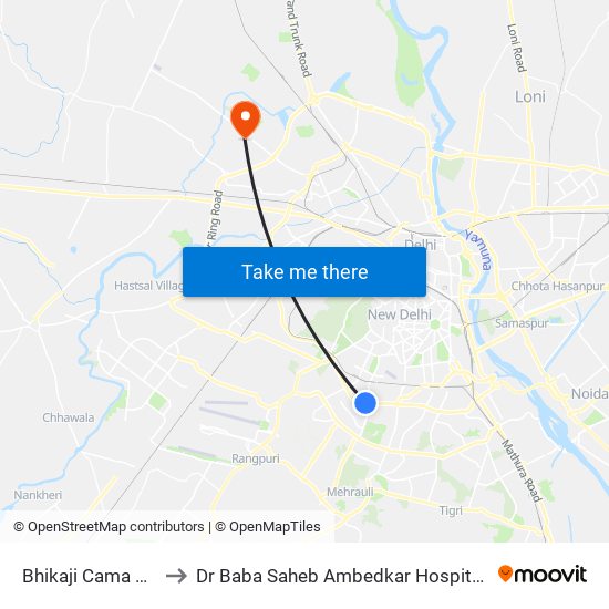 Bhikaji Cama Place to Dr Baba Saheb Ambedkar Hospital Rohini map