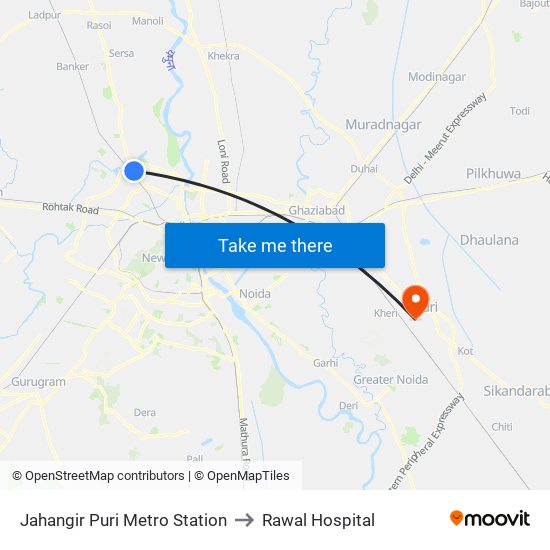 Jahangir Puri Metro Station to Rawal Hospital map