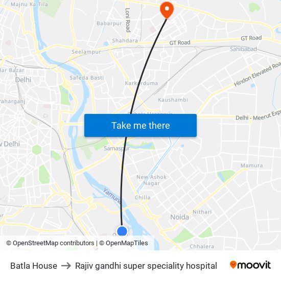 Batla House to Rajiv gandhi super speciality hospital map