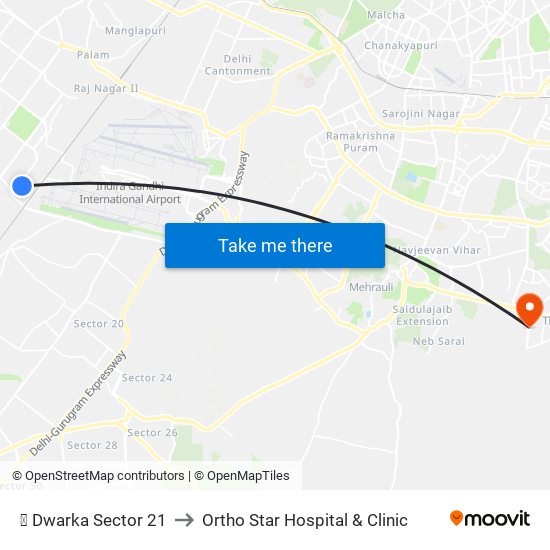 ✈ Dwarka Sector 21 to Ortho Star Hospital & Clinic map