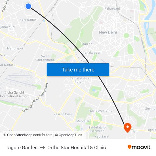 Tagore Garden to Ortho Star Hospital & Clinic map