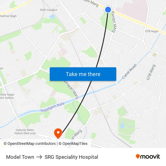 Model Town to SRG Speciality Hospital map