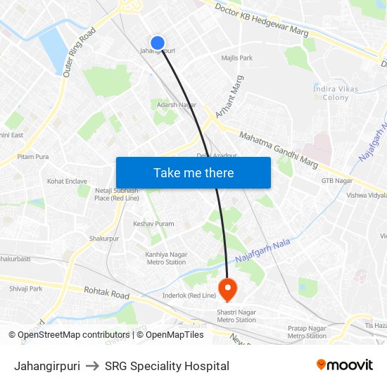 Jahangirpuri to SRG Speciality Hospital map