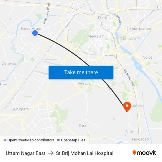 Uttam Nagar East to St Brij Mohan Lal Hospital map