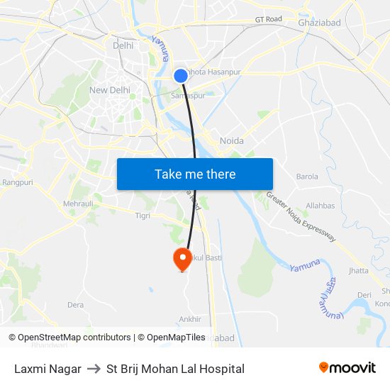 Laxmi Nagar to St Brij Mohan Lal Hospital map