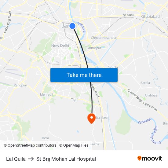 Lal Quila to St Brij Mohan Lal Hospital map