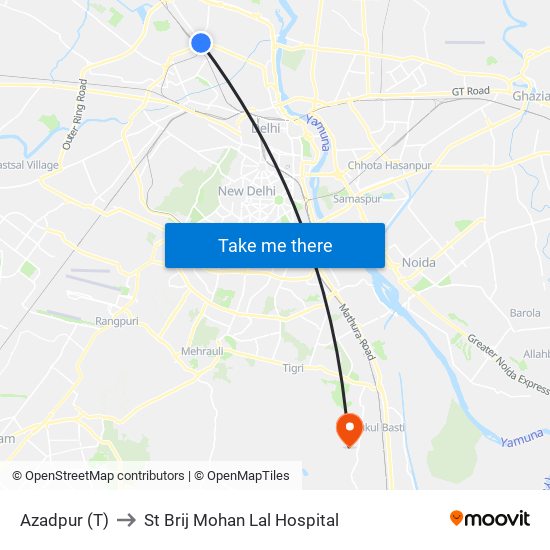 Azadpur (T) to St Brij Mohan Lal Hospital map